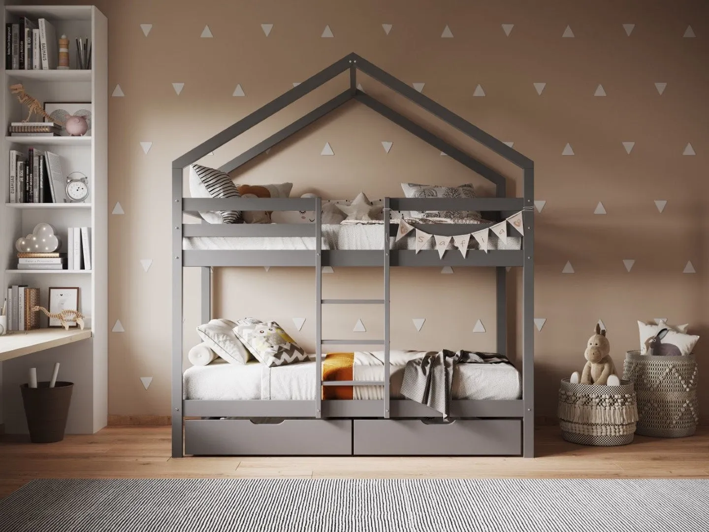 House Bunk Bed Frame - Grey, Pine image