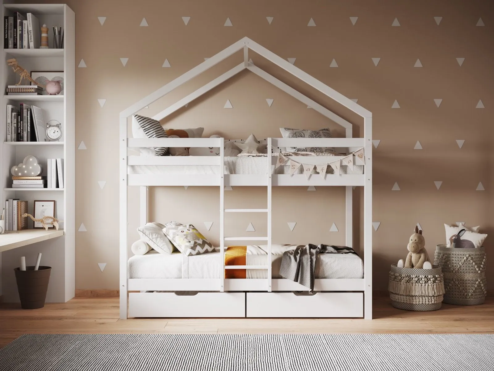 House Bunk Bed Frame - White, Pine