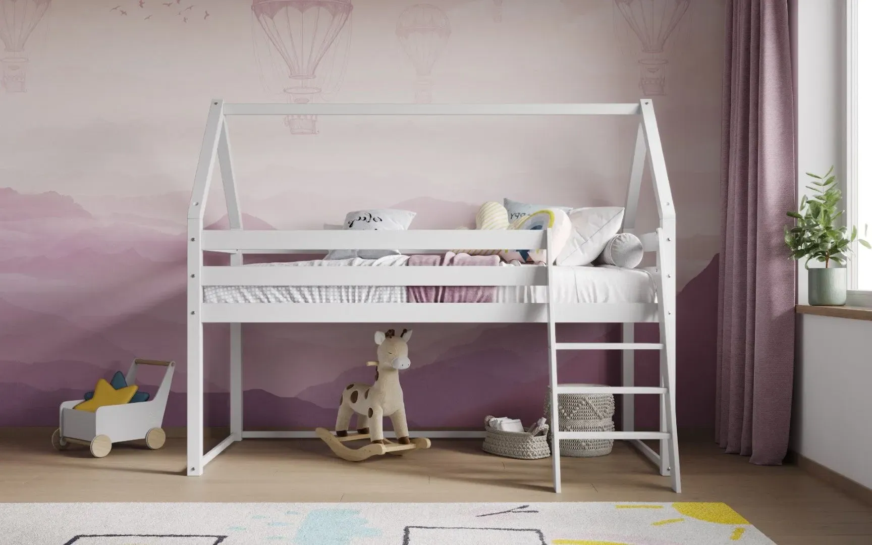 House-Shaped Midsleeper Bed with Ladder - White, Pine