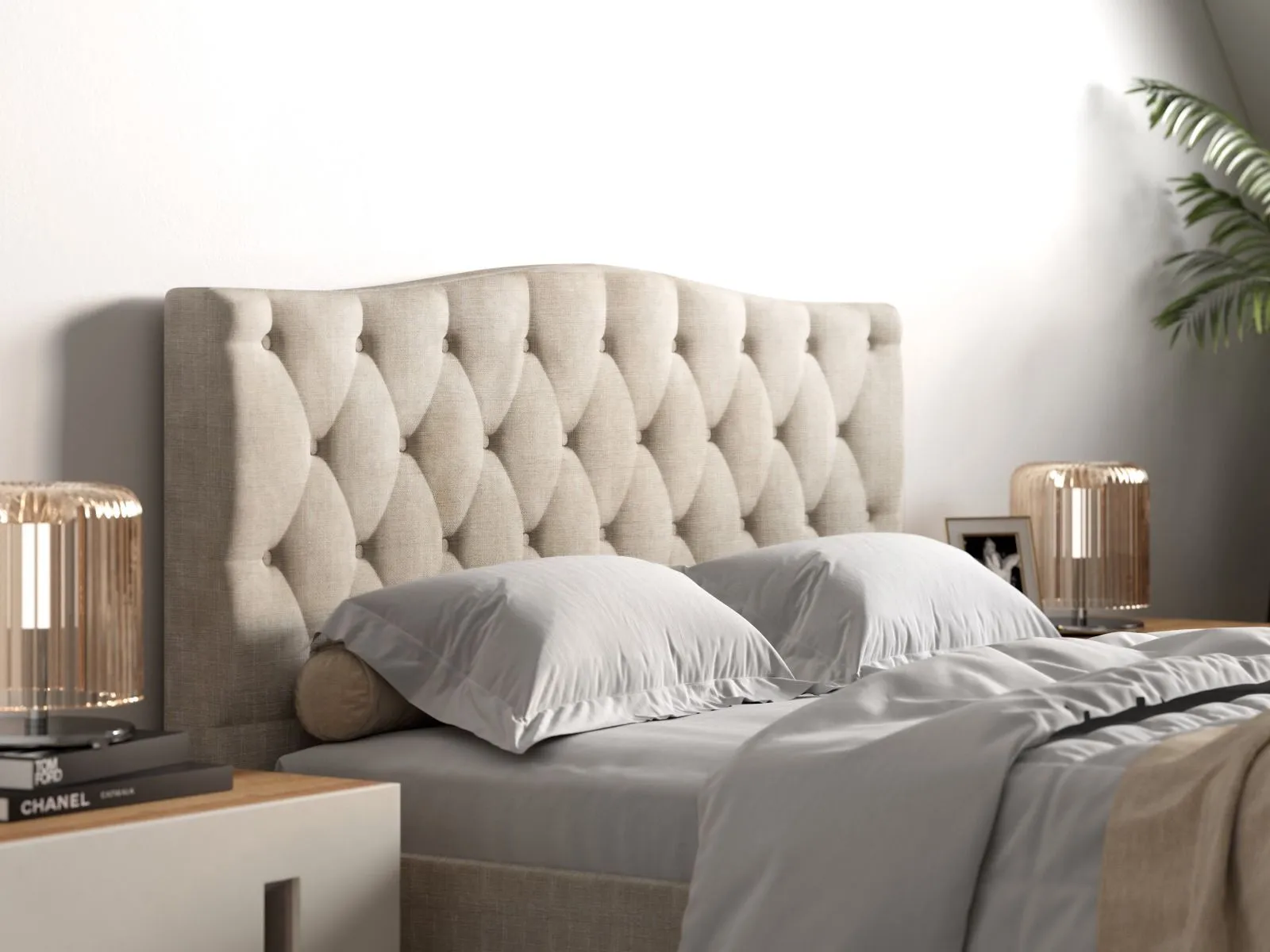 King Size Bed Frame with Headboard - Beige, Fabric image