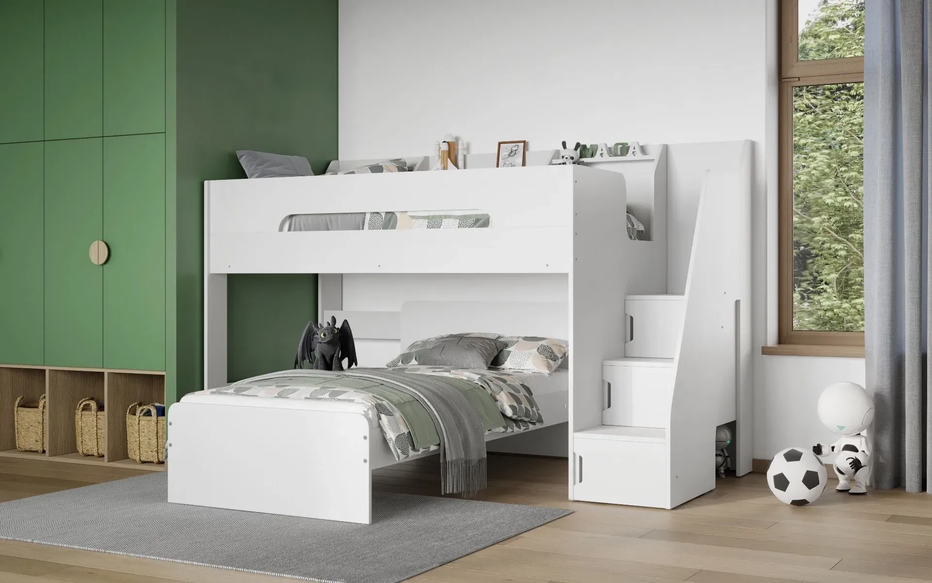 L-Shaped Bunk Bed with Stairs - White, MDF