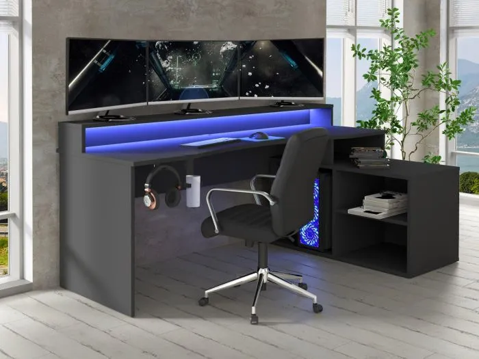 L-Shaped Gaming Desk with LED Storage - Black