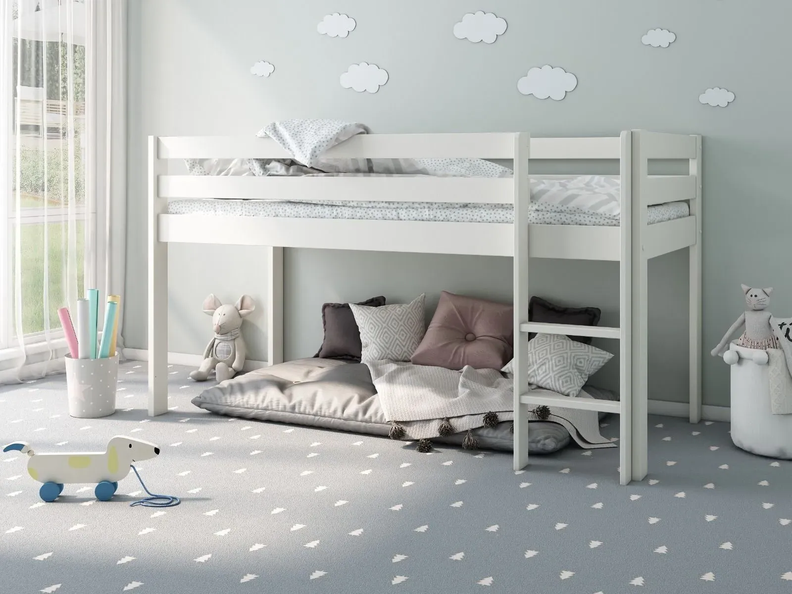 Mid Sleeper Bed Frame with Ladder - White, Pine image