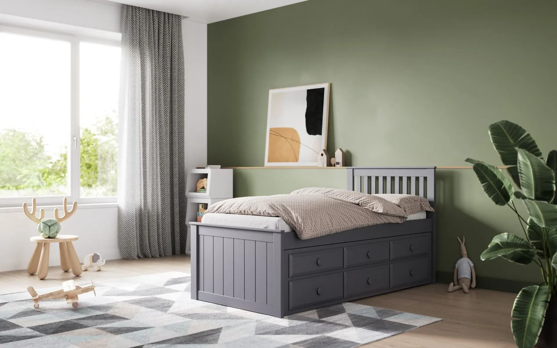 Single Captain's Bed with Trundle - Grey, Wood image