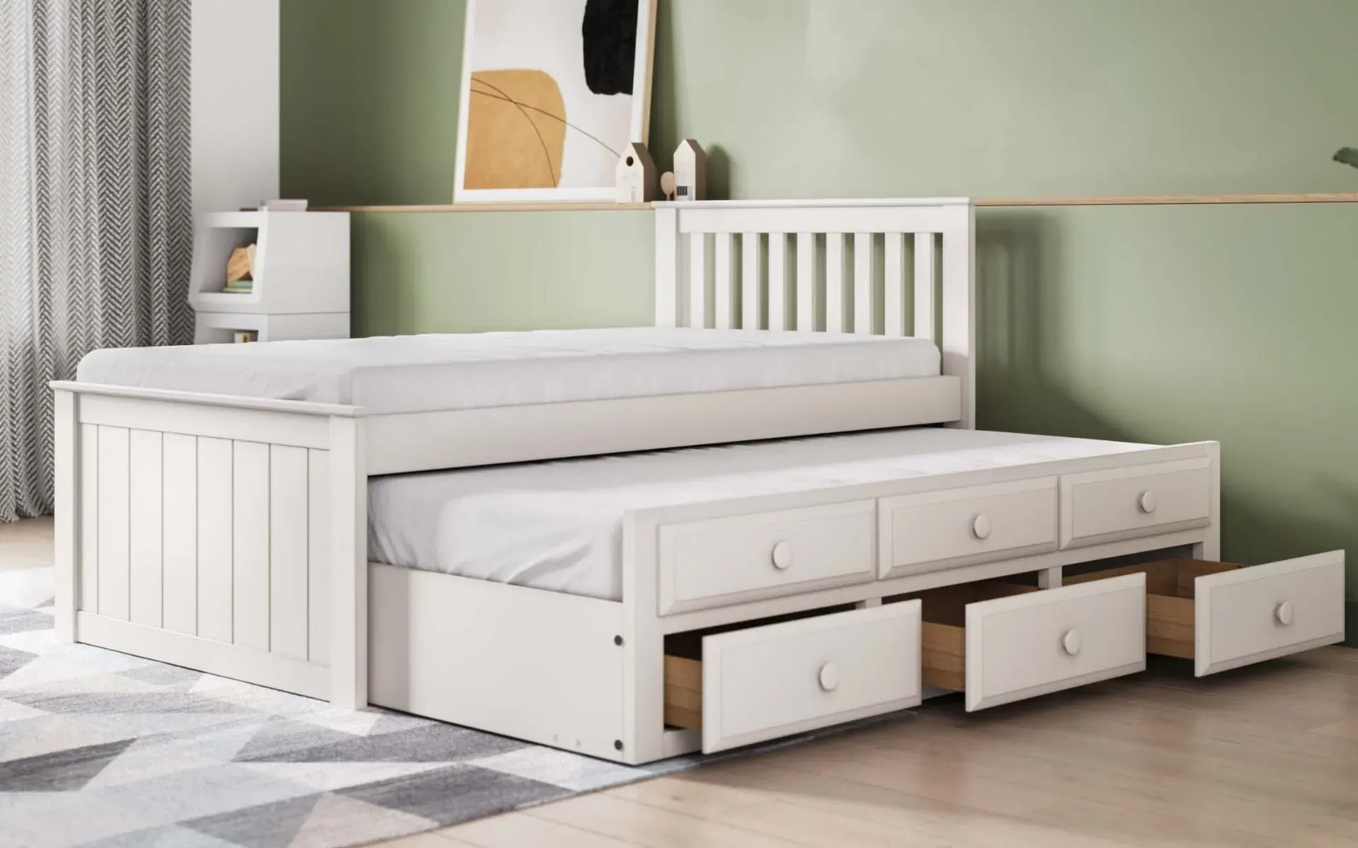 Single Captain's Bed with Trundle - White, Wood