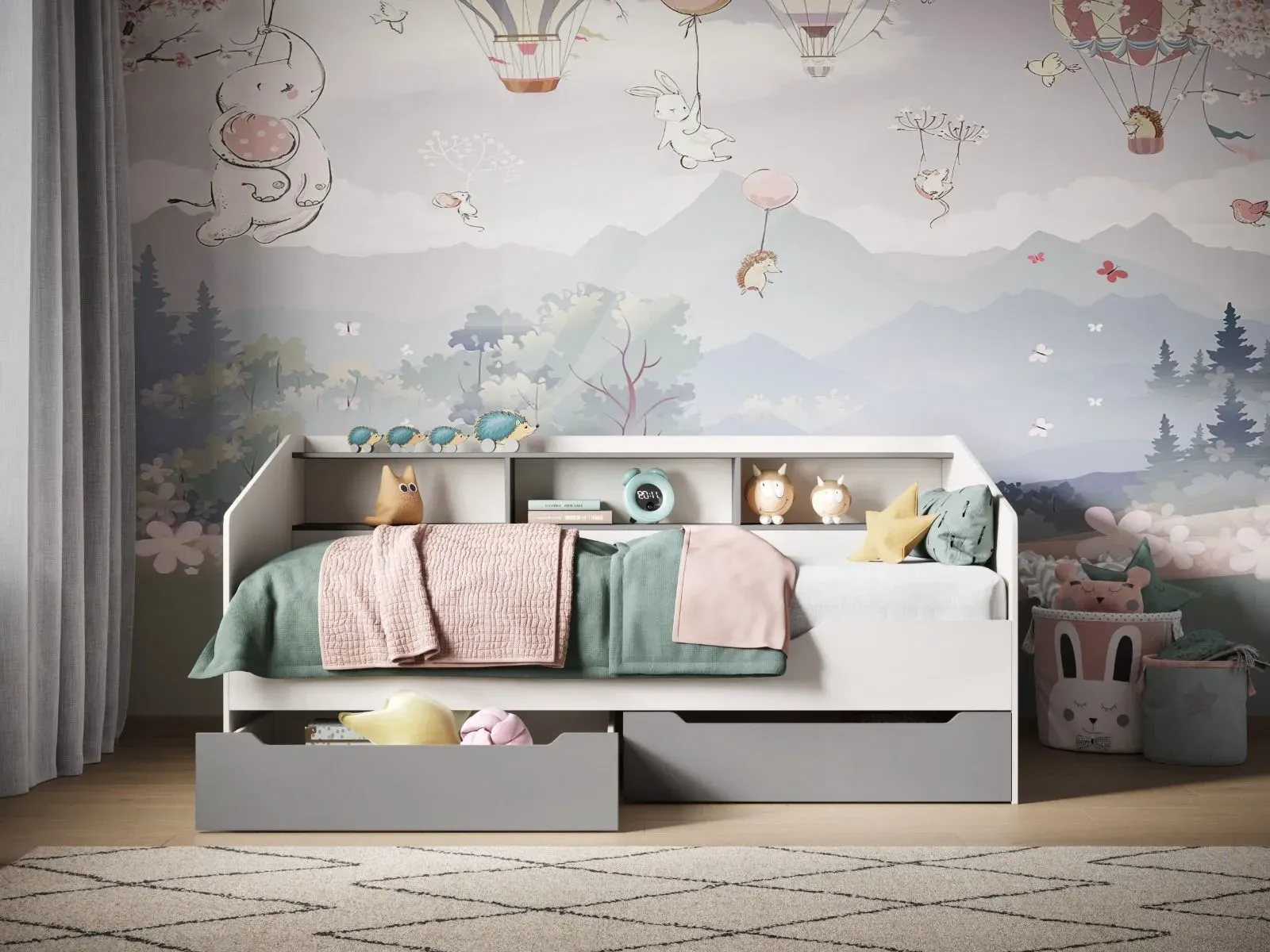 Single Day Bed with Storage - White & Grey
