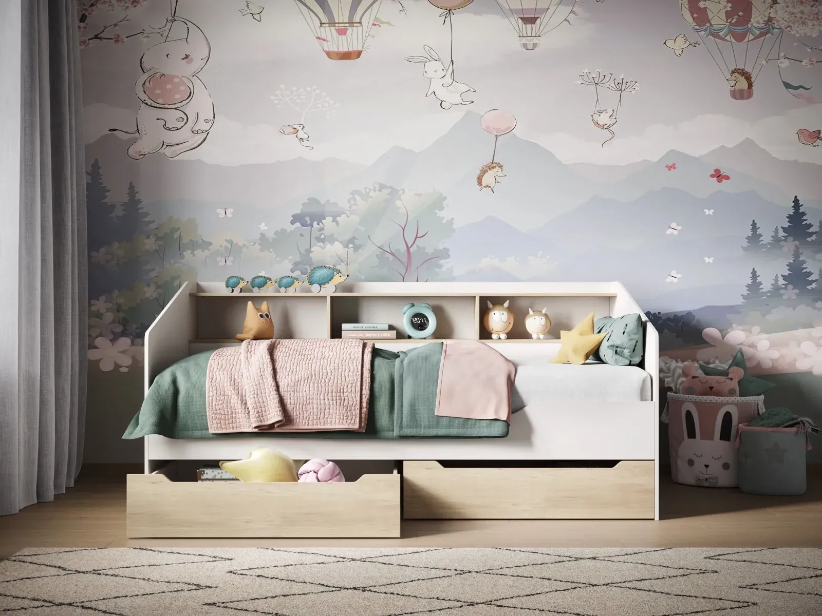 Single Day Bed with Storage - White & Oak