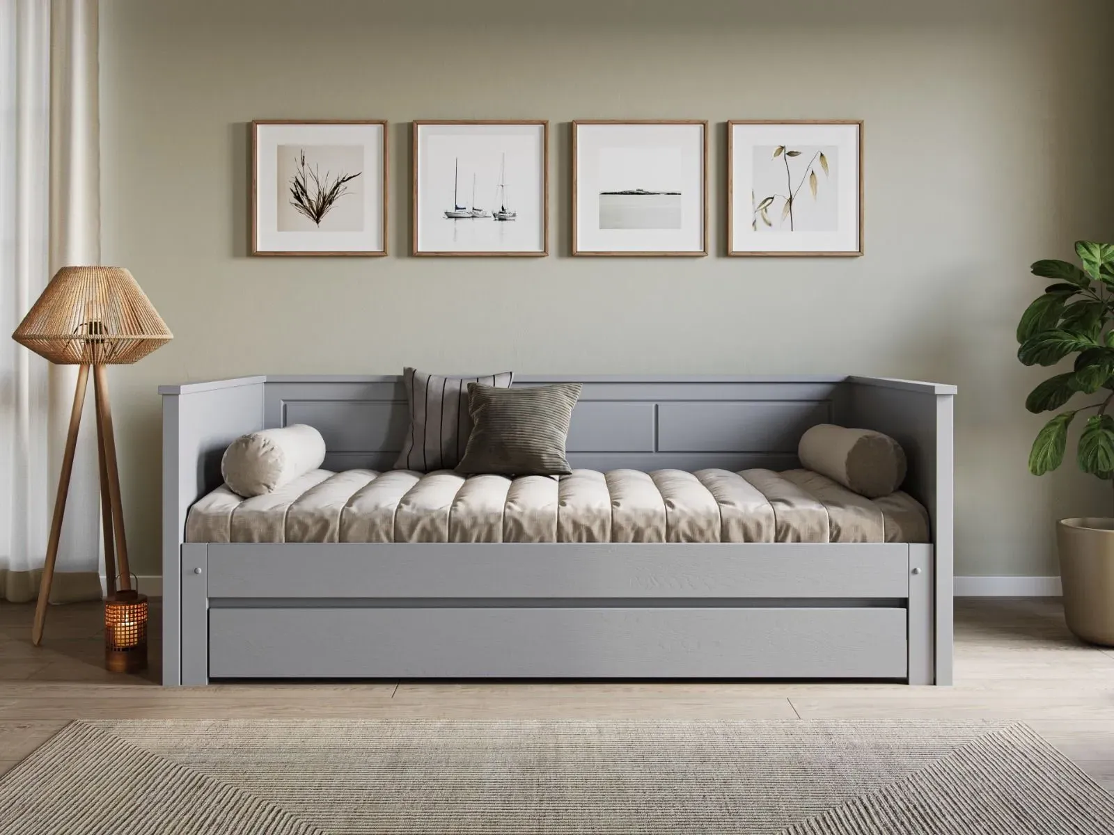 Single Guest Bed with Pull-Out - Grey, Pine image
