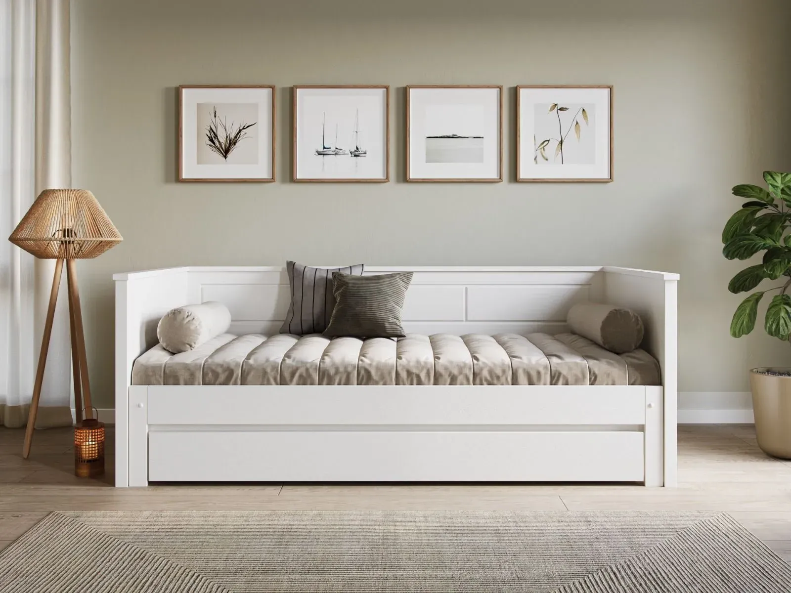 Single Guest Bed with Pull-Out - White, Pine
