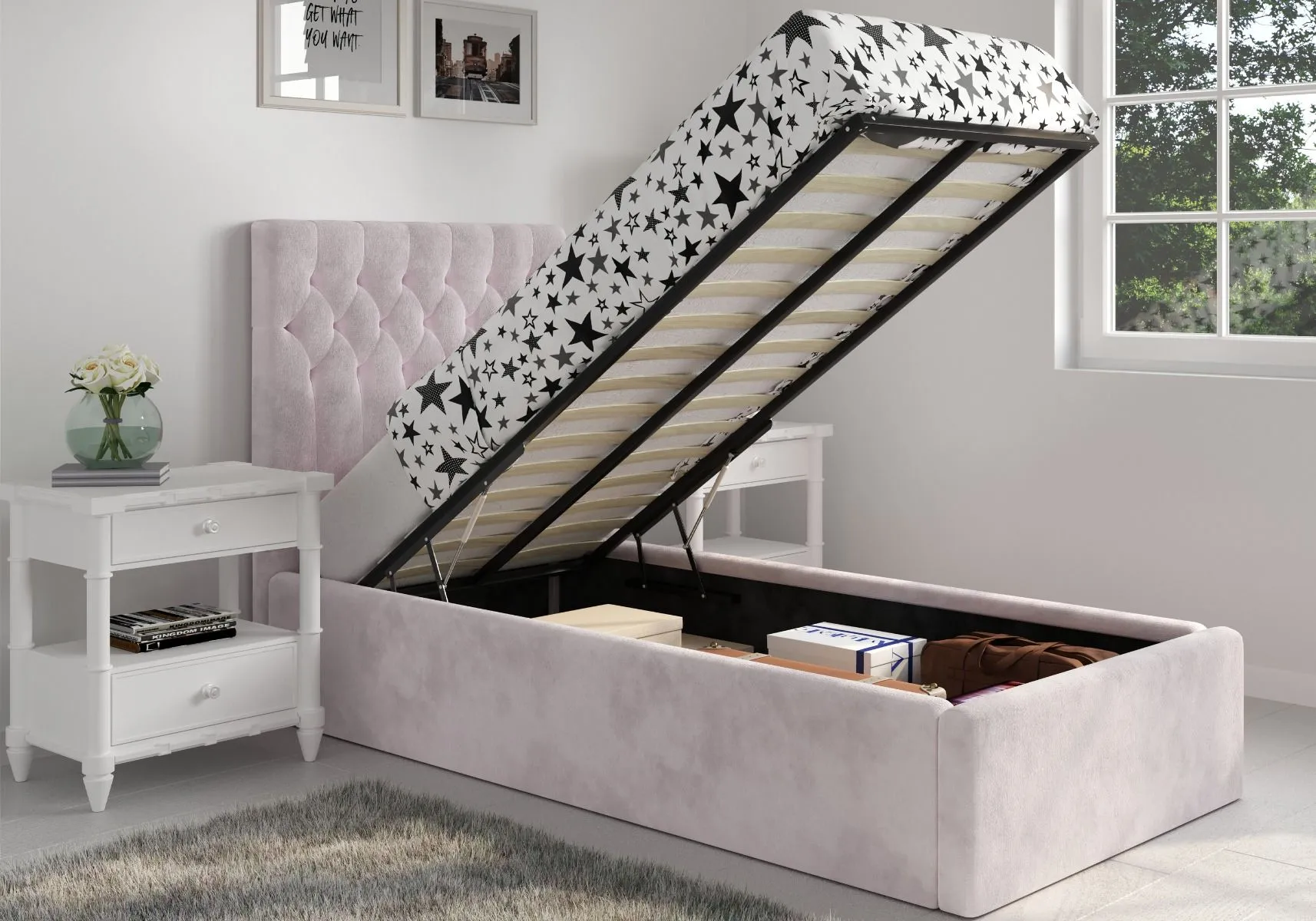 Single Ottoman Bed with Storage - Pink, Velvet