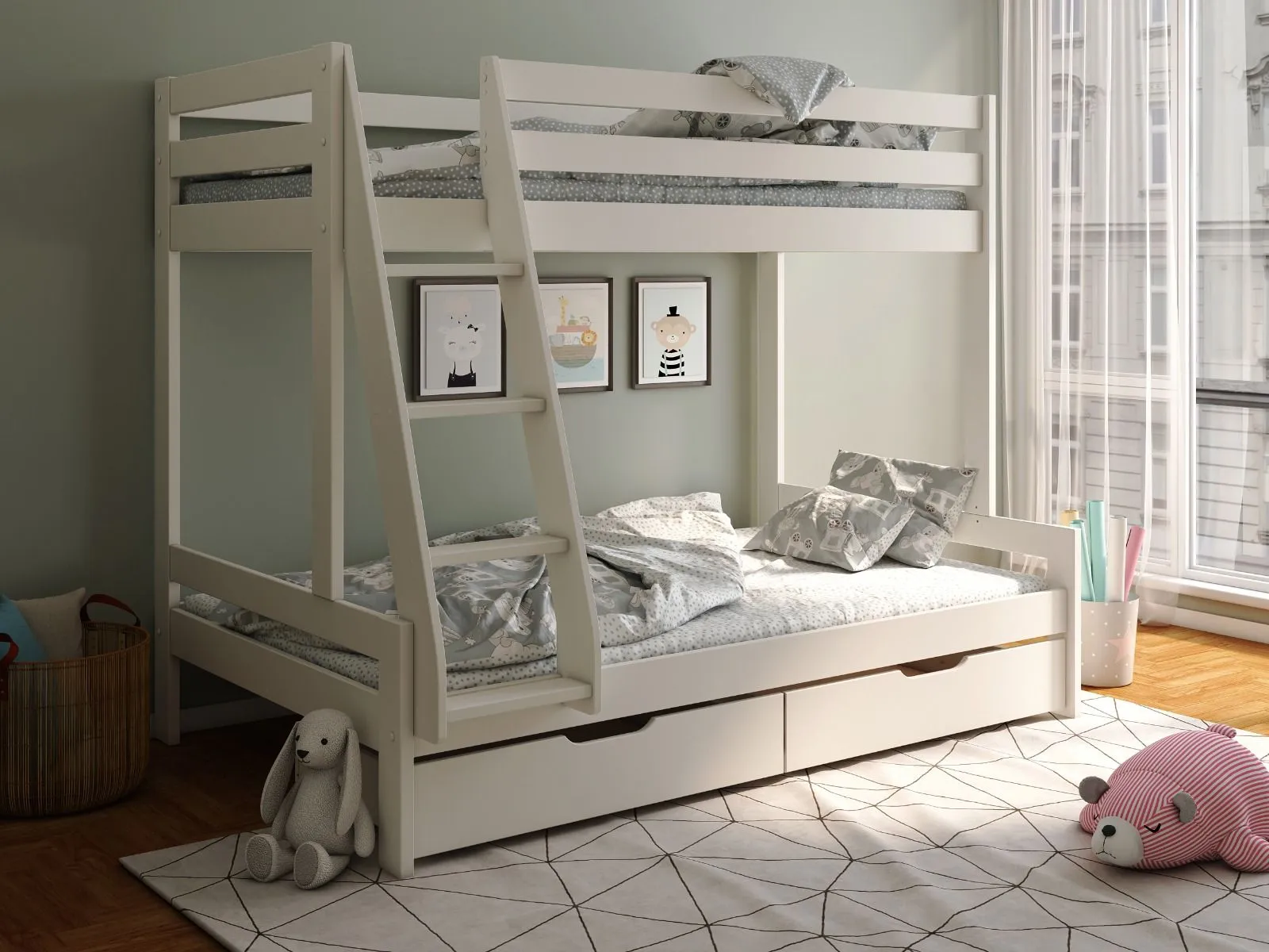 Triple Bunk Bed Frame - White, Pine