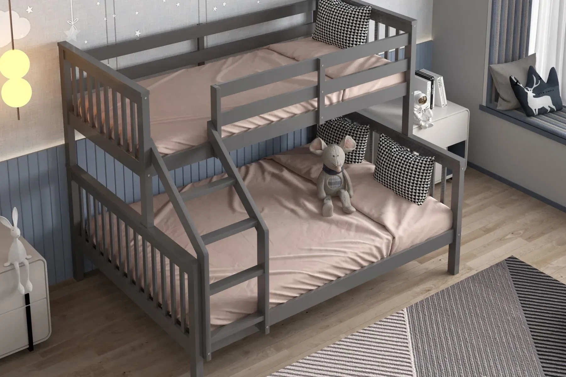 Triple Bunk Bed Frame with Storage - Grey, Wood image