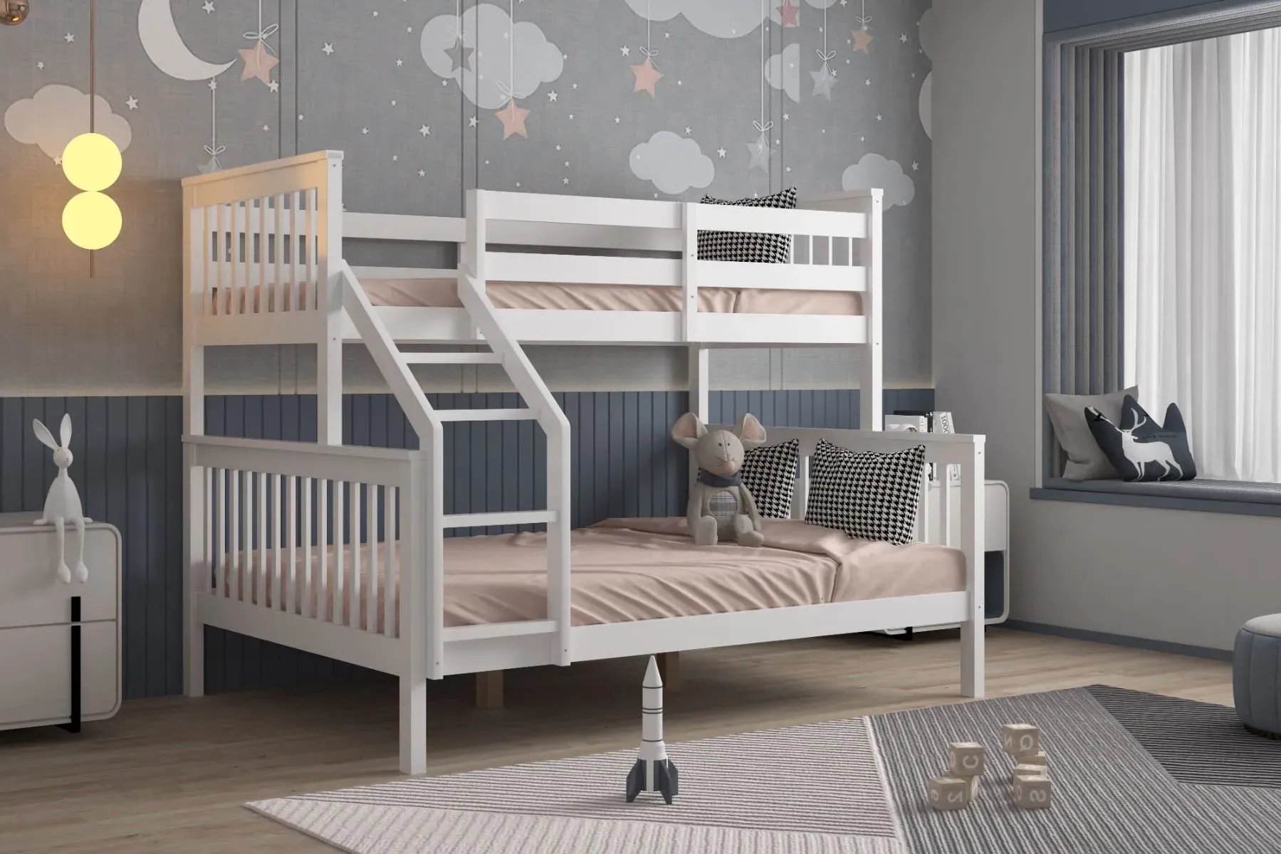 Triple Bunk Bed Frame with Storage - White, Wood
