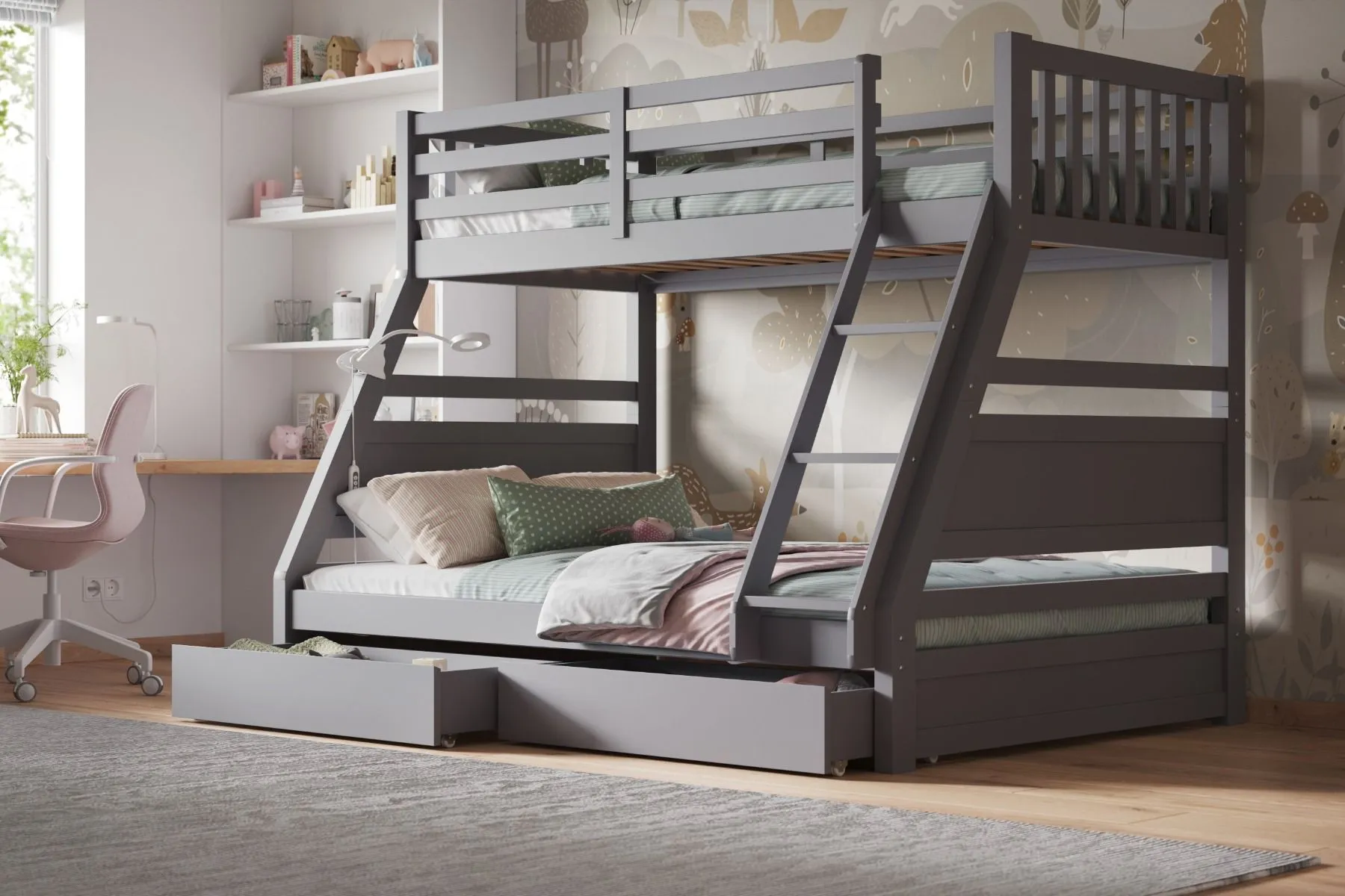 Triple Bunk Bed with Drawers - Grey, Rubberwood