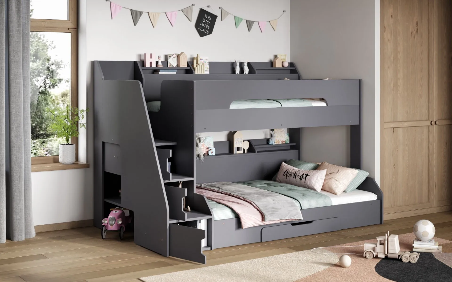 Triple Bunk Bed with Staircase - Grey