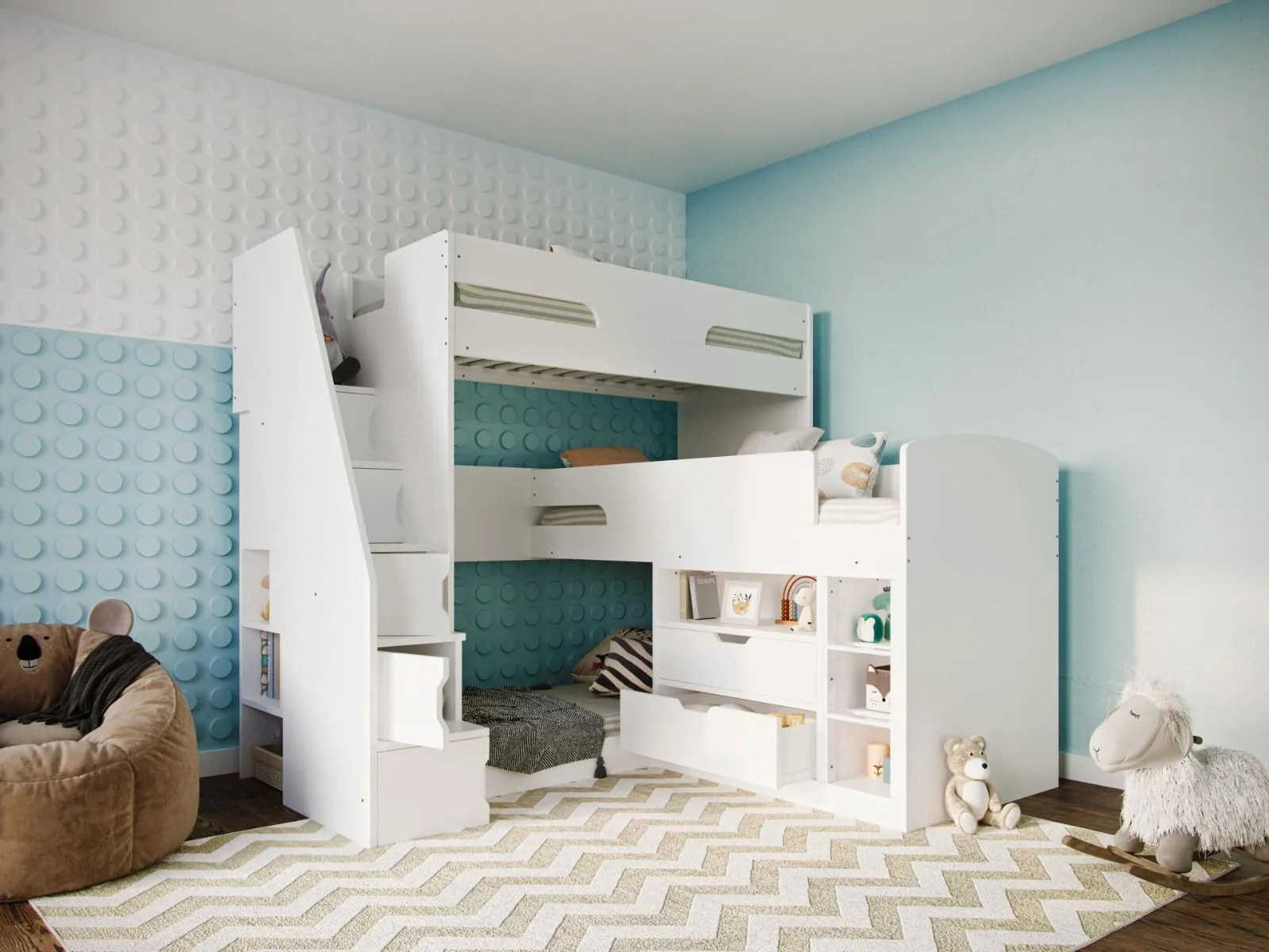 Triple Bunk Bed with Staircase Storage - White image