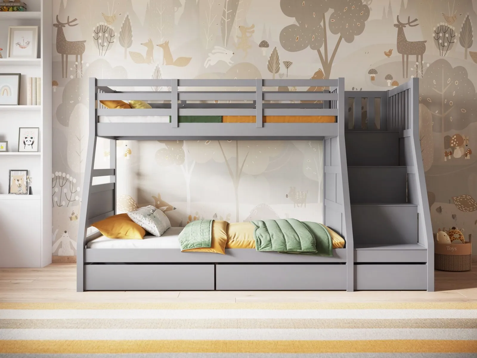 Triple Bunk Bed with Storage - Grey, Wood