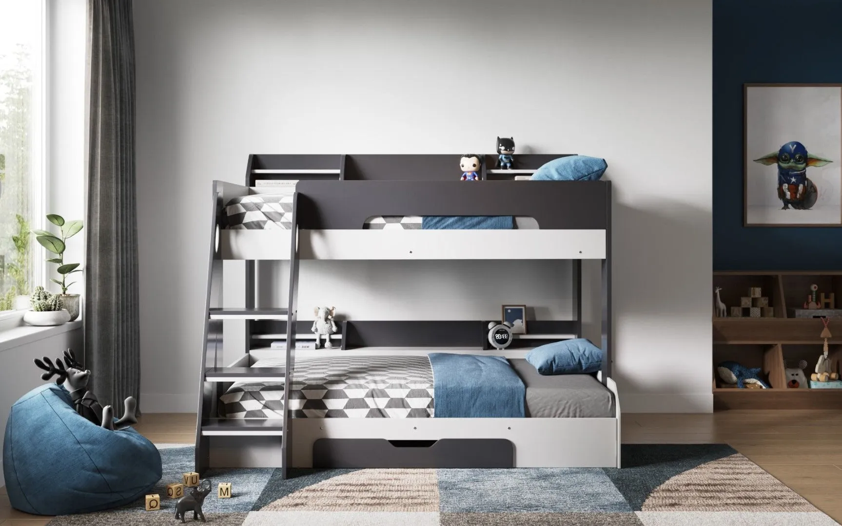 Triple Bunk Bed with Storage - Grey