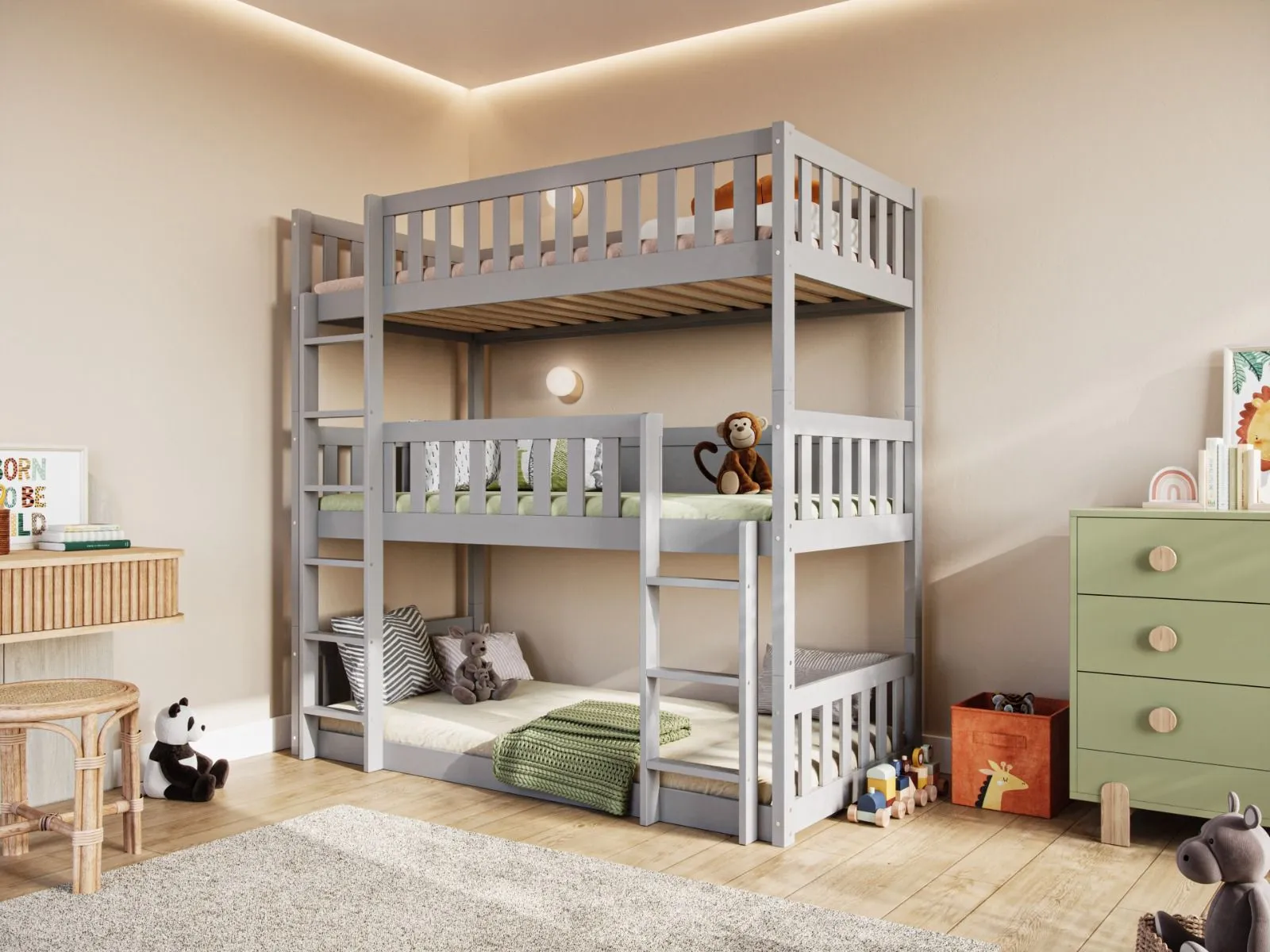 Triple High Bunk Bed with Slats - Grey, Pine image