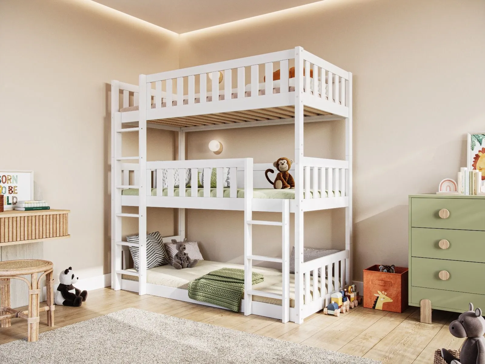 Triple High Bunk Bed with Slats - White, Pine
