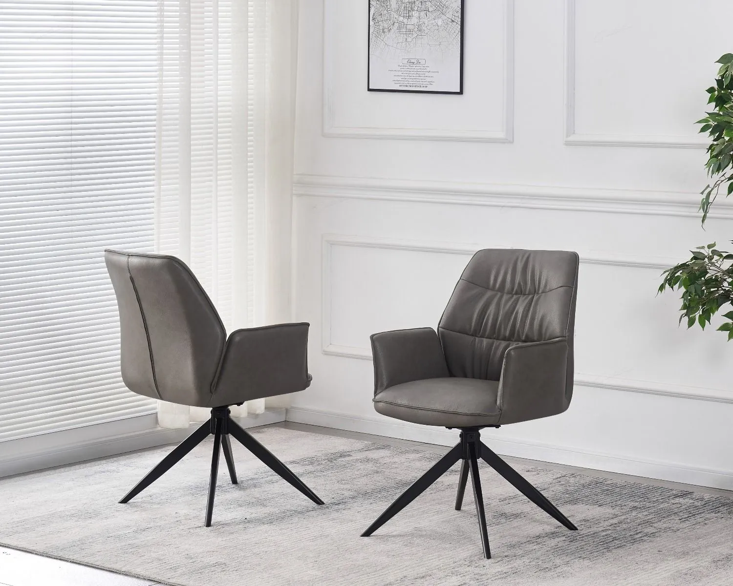 Swivel Dining Chair with Pleated Back - Grey, Faux Leather image