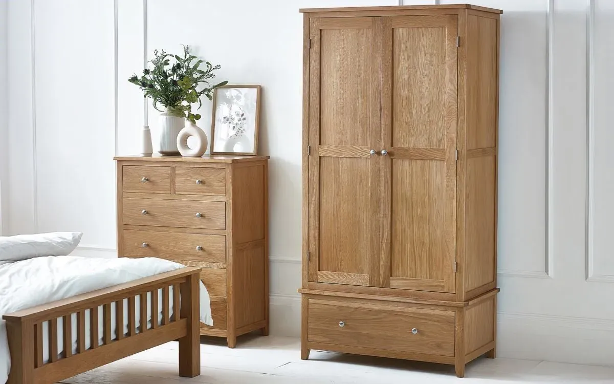 2-Door Wardrobe with Drawer - Oak, Solid Wood