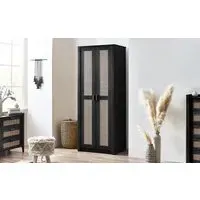 2-Door Wardrobe with Rattan Design - Black, Ash
