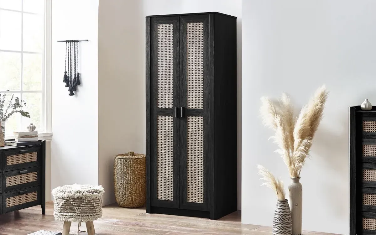 2-Door Wardrobe with Rattan Design - Black, Ash image