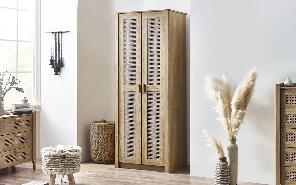 2-Door Wardrobe with Rattan Front - Oak, Wood