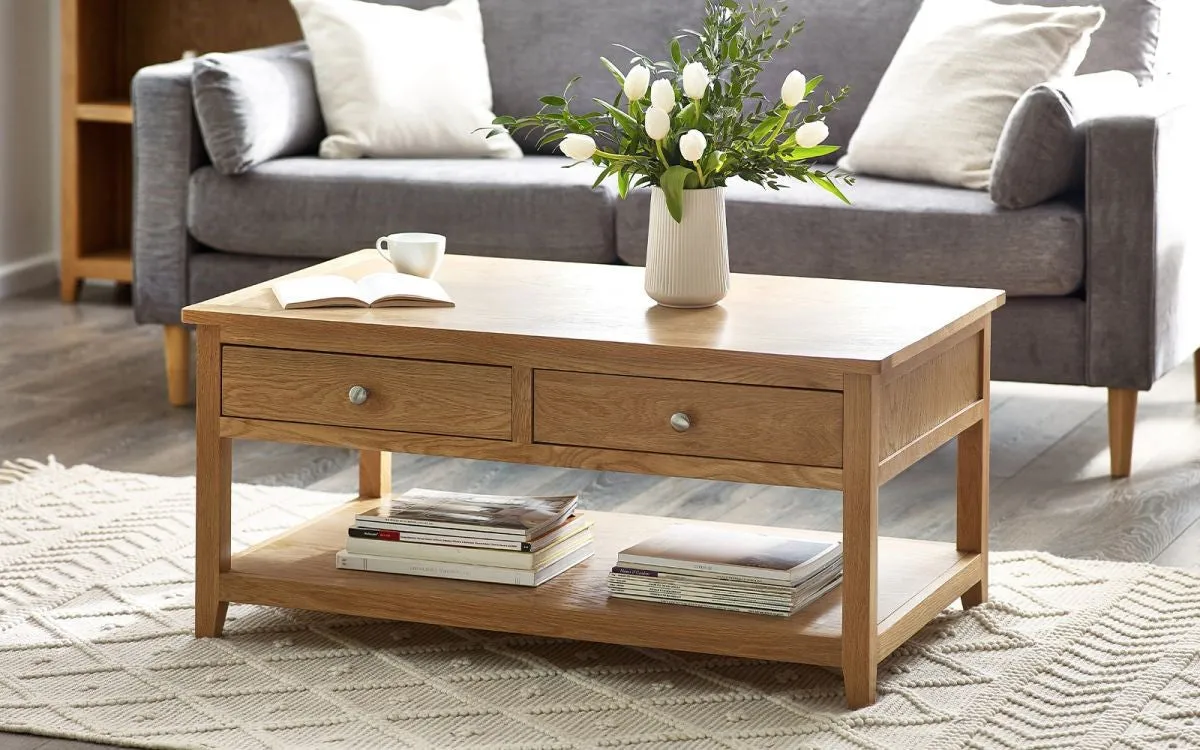 2-Drawer Coffee Table with Shelf - Oak, Solid Wood image
