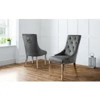 2x Dining Chairs with Lion Head Detail - Grey, Velvet