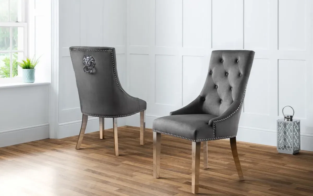 2x Dining Chairs with Lion Head Detail - Grey, Velvet image