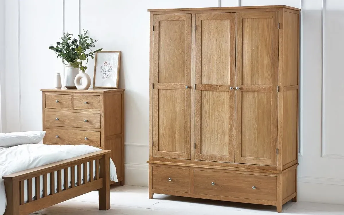 3-Door Wardrobe with 2 Drawers - Oak, Solid Wood image