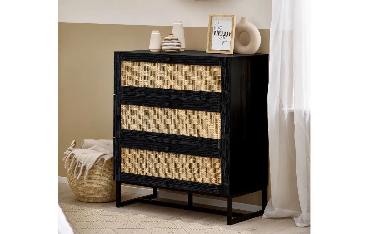 3-Drawer Chest with Rattan Front - Black, Melamine