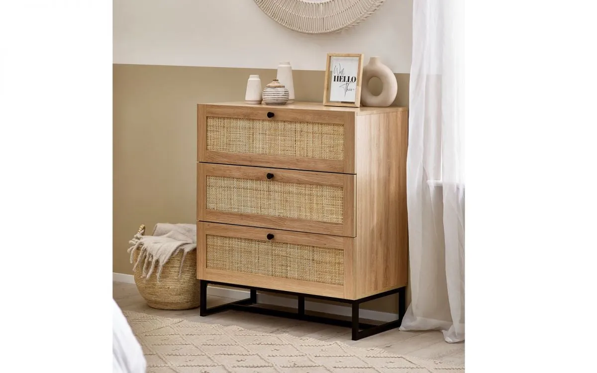 3-Drawer Chest with Rattan Front - Oak, Melamine