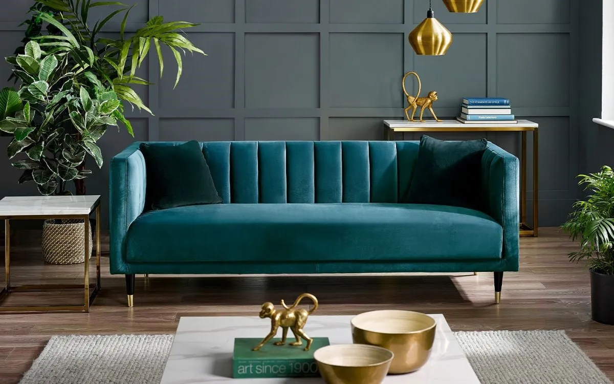 3-Seater Scalloped Back Sofa - Teal, Velvet