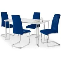 5-Piece Dining Set with Blue Chairs - White