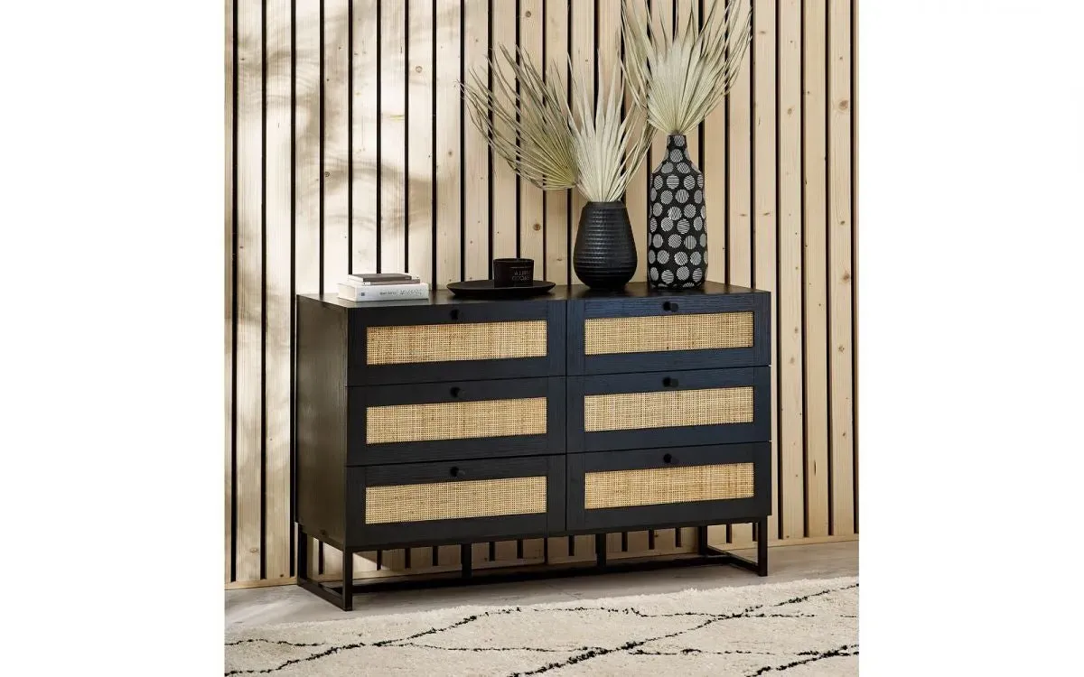 6-Drawer Chest with Rattan Fronts - Black, Melamine image