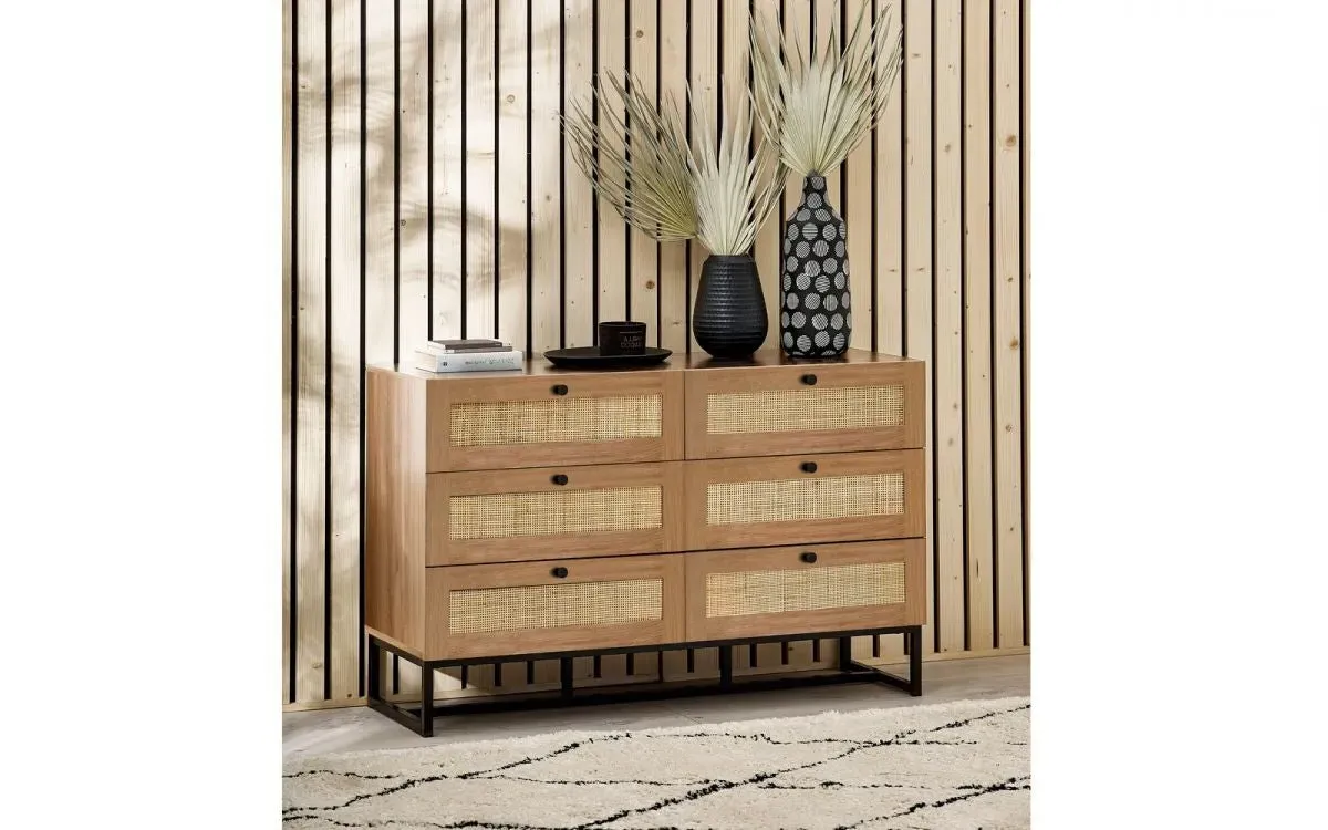 6-Drawer Chest with Rattan Fronts - Oak, Melamine