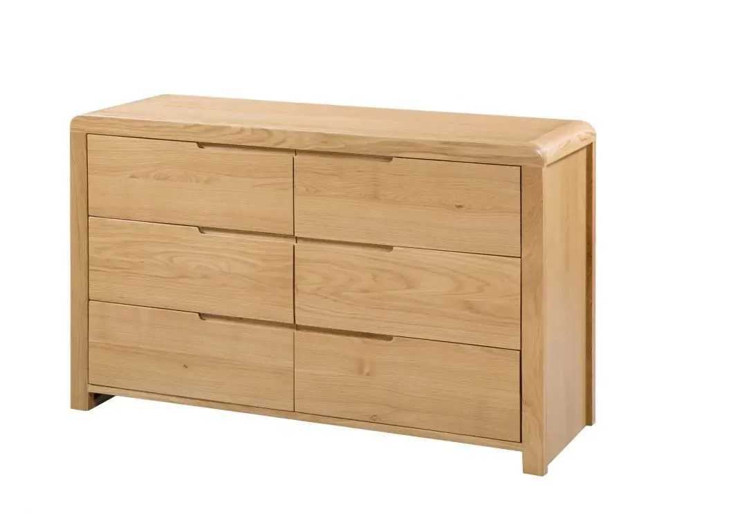 6 Drawer Wide Chest with Curved Edges - Oak