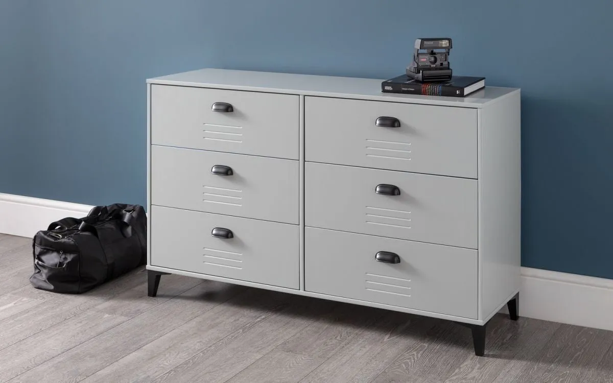 6 Drawer Wide Chest with Locker Design - Grey, Pine