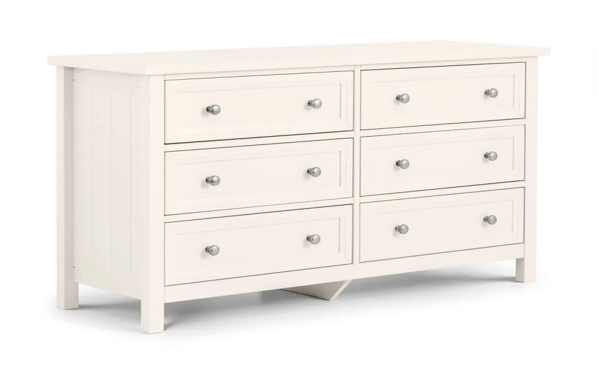 6 Drawer Wide Chest with Panelling - White, Pine