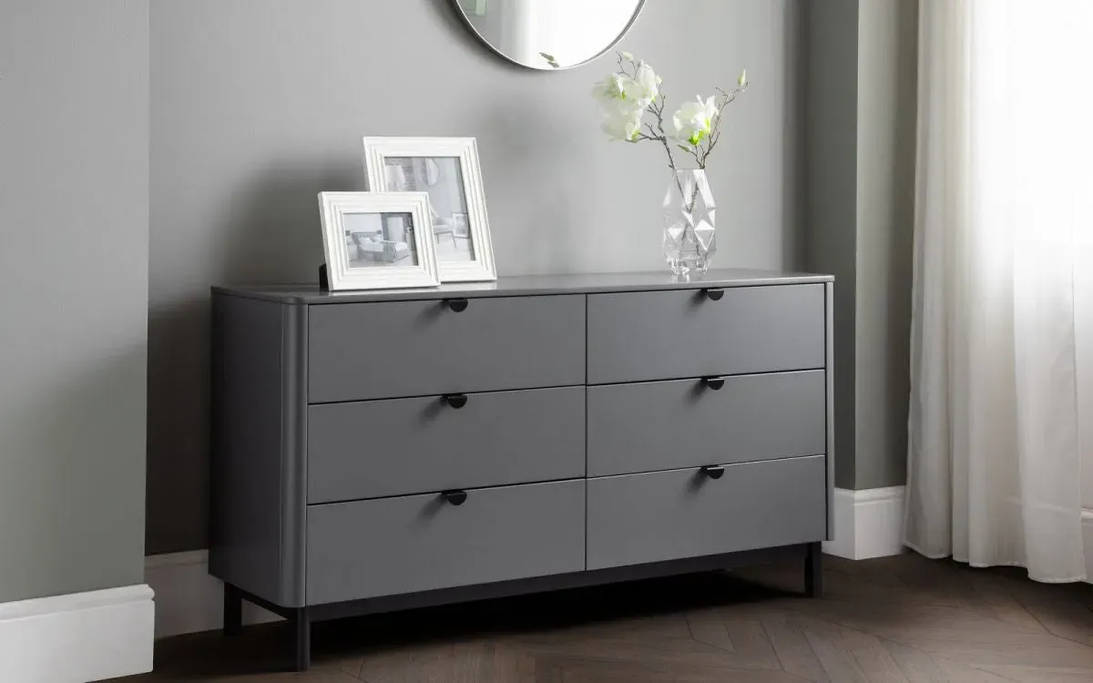 6 Drawer Wide Chest with Rounded Corners - Grey, MDF