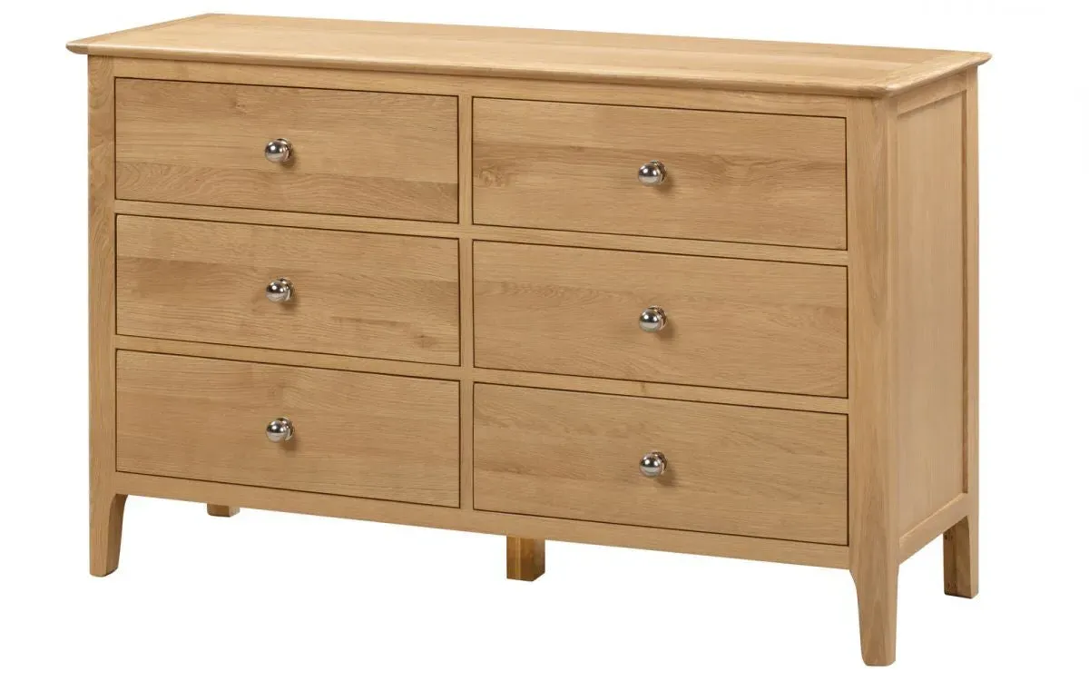 6 Drawer Wide Chest with Silver Knobs - Oak