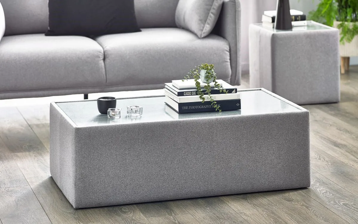 Coffee Table with Glass Top - Grey, Fabric