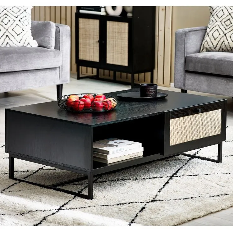 Coffee Table with Rattan Front - Black, Melamine image