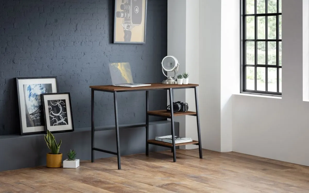 Desk with 2 Side Shelves - Walnut, Metal Frame