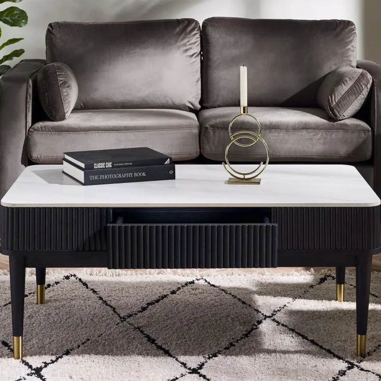 Fluted Coffee Table with 2 Drawers - White, Stone