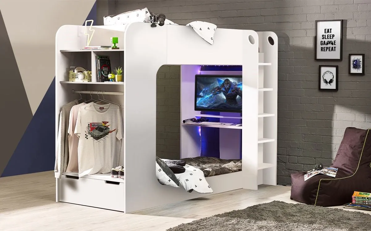 Gaming Bunk Bed with Desk - White, Particleboard