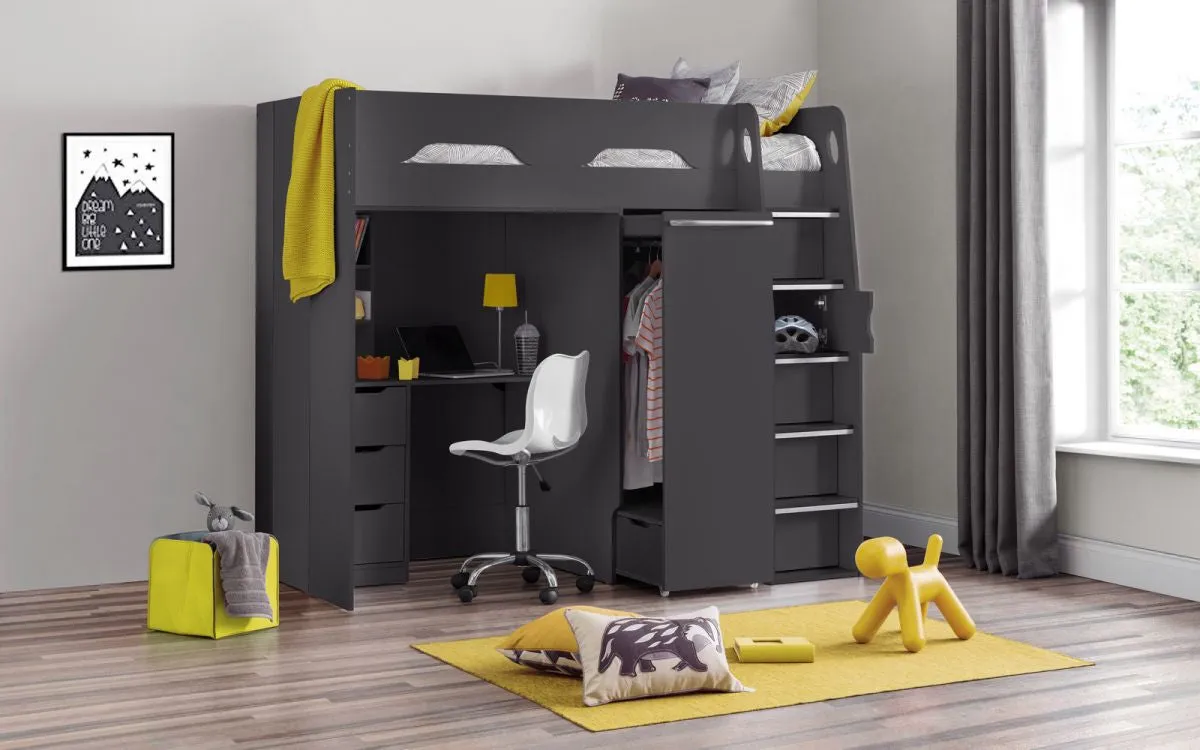 High Sleeper Bed with Desk & Wardrobe - Anthracite
